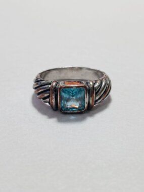 VINTAGE Cable Style Silver Tone Ring with Cushion Cut Aqua Teal Stone Size 6.5